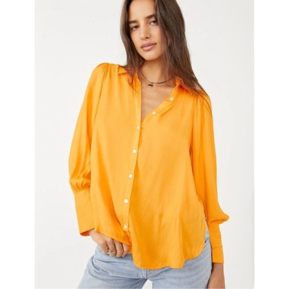 Free People button up t-shirt Serena Silky Shirt yellow XS - Picture 1 of 7